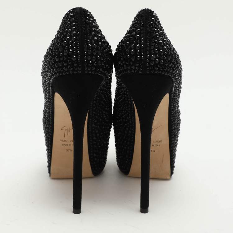 مملوكة مسبقًا Giuseppe Zanotti Black Suede Embellished Platform Pumps Size 37.5