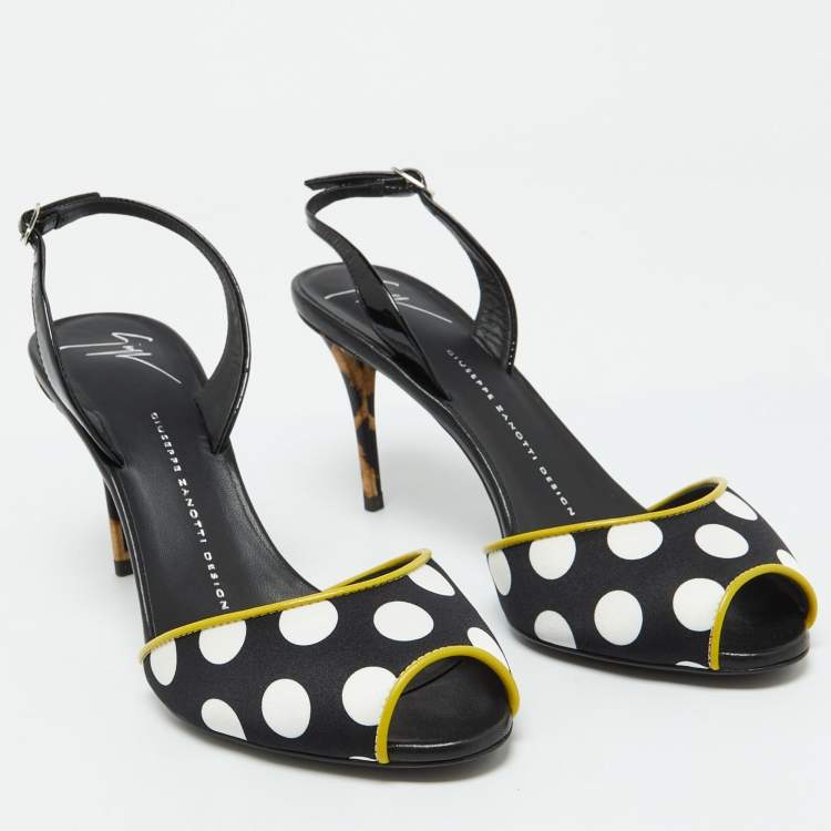 Pre Owned Giuseppe Zanotti Multicolor Satin and Leather Polka Dot Slingback Sandals Size 37.5