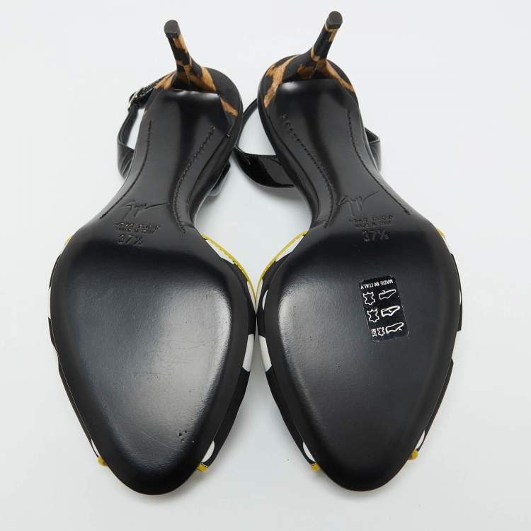 Pre Owned Giuseppe Zanotti Multicolor Satin and Leather Polka Dot Slingback Sandals Size 37.5
