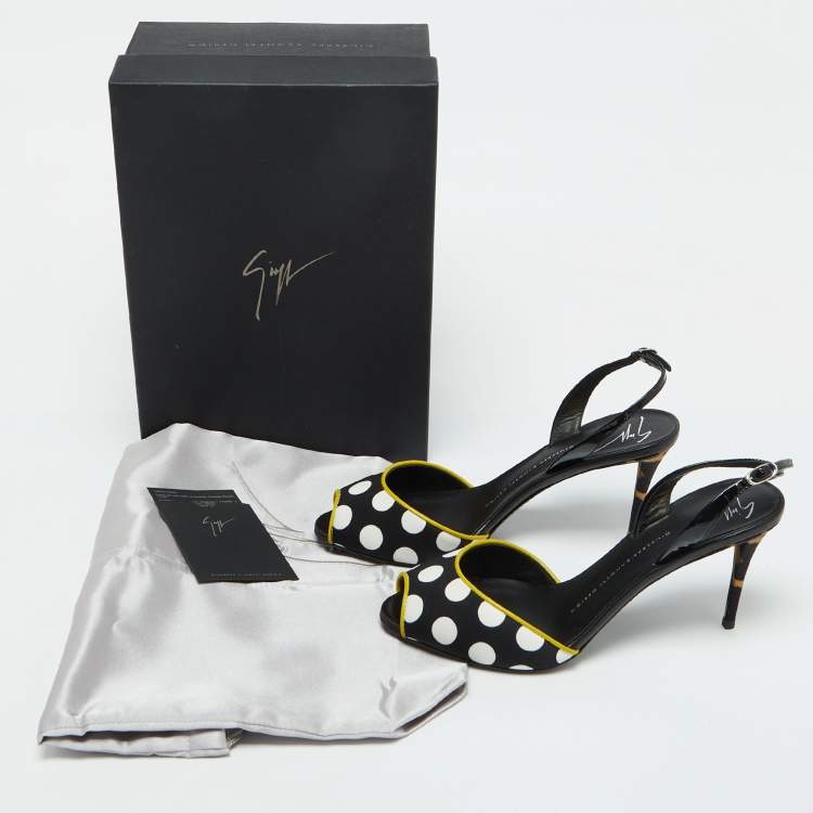 Pre Owned Giuseppe Zanotti Multicolor Satin and Leather Polka Dot Slingback Sandals Size 37.5