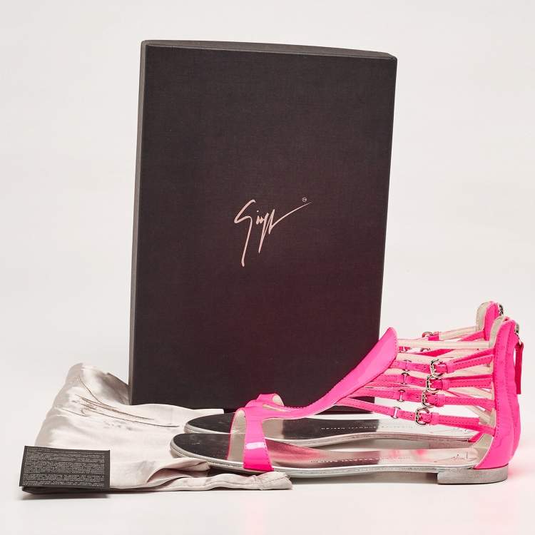 Pre Owned Giuseppe Zanotti Neon Pink Patent Leather Roll Flat Sandals Size 37