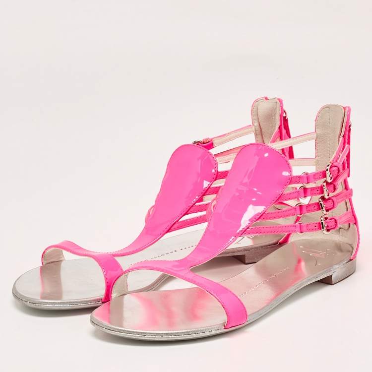 Pre Owned Giuseppe Zanotti Neon Pink Patent Leather Roll Flat Sandals Size 37