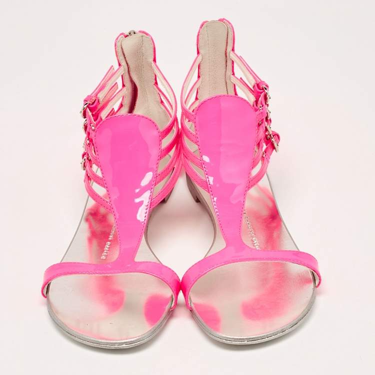 Pre Owned Giuseppe Zanotti Neon Pink Patent Leather Roll Flat Sandals Size 37