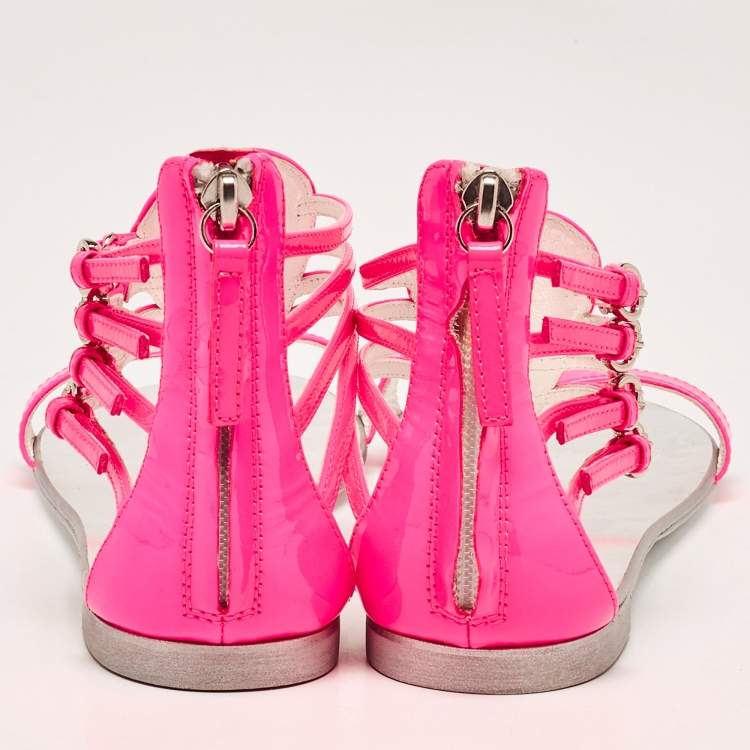 Pre Owned Giuseppe Zanotti Neon Pink Patent Leather Roll Flat Sandals Size 37