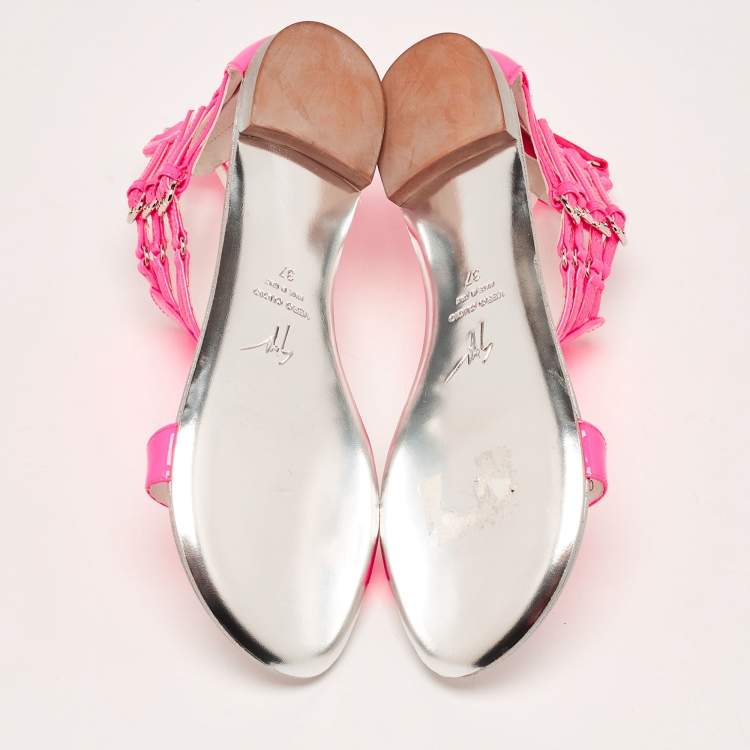 Pre Owned Giuseppe Zanotti Neon Pink Patent Leather Roll Flat Sandals Size 37