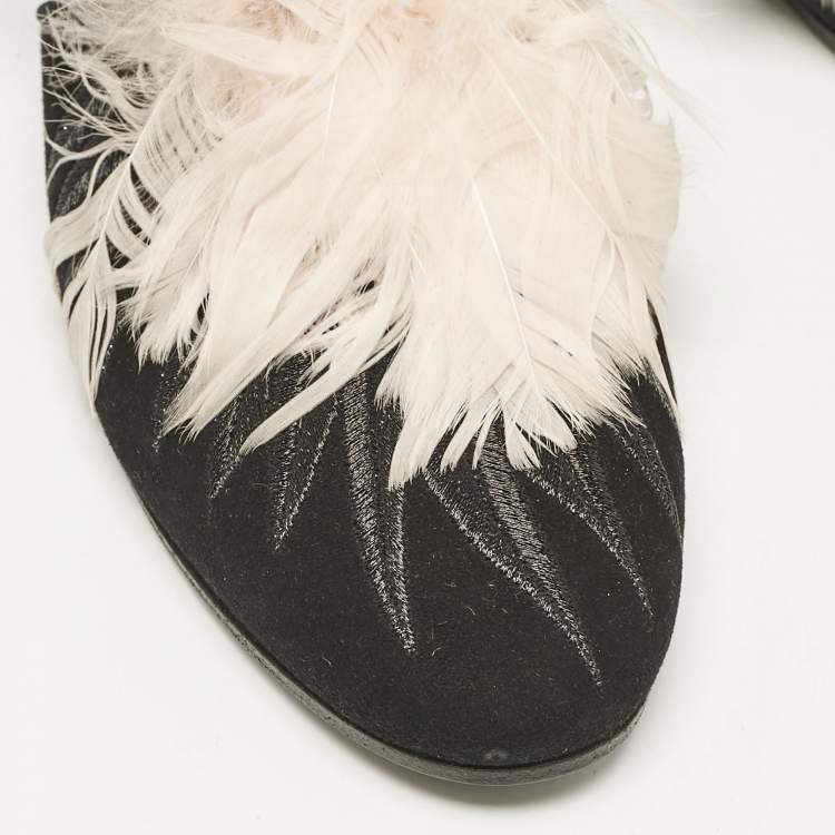 Pre Owned Giuseppe Zanotti Black/Pink Feather and Suede Ankle Strap Mules Size 38