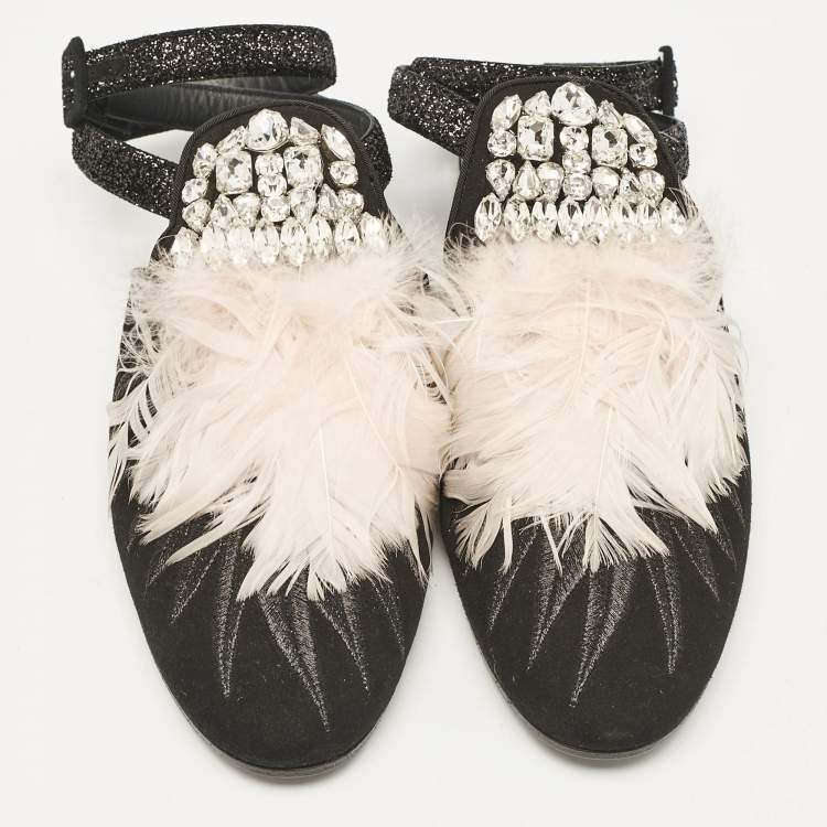 Pre Owned Giuseppe Zanotti Black/Pink Feather and Suede Ankle Strap Mules Size 38