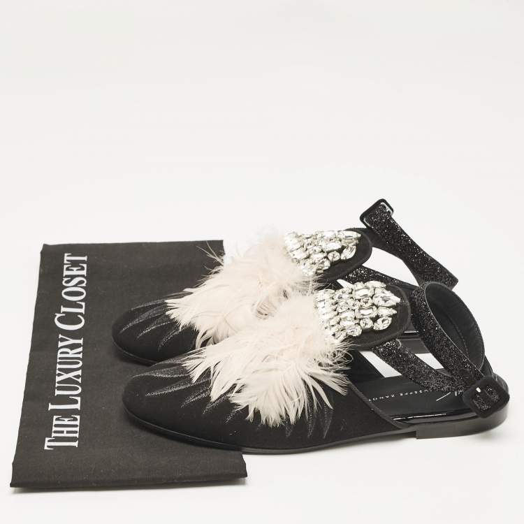 Pre Owned Giuseppe Zanotti Black/Pink Feather and Suede Ankle Strap Mules Size 38