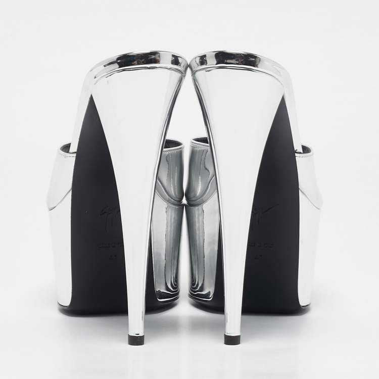 Pre Owned Giuseppe Zanotti Silver Leather Platform Slide Sandals Size 41