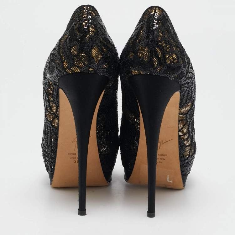 Pre Owned Giuseppe Zanotti Black Glitter and Sequins Peep Toe Pumps Size 39.5