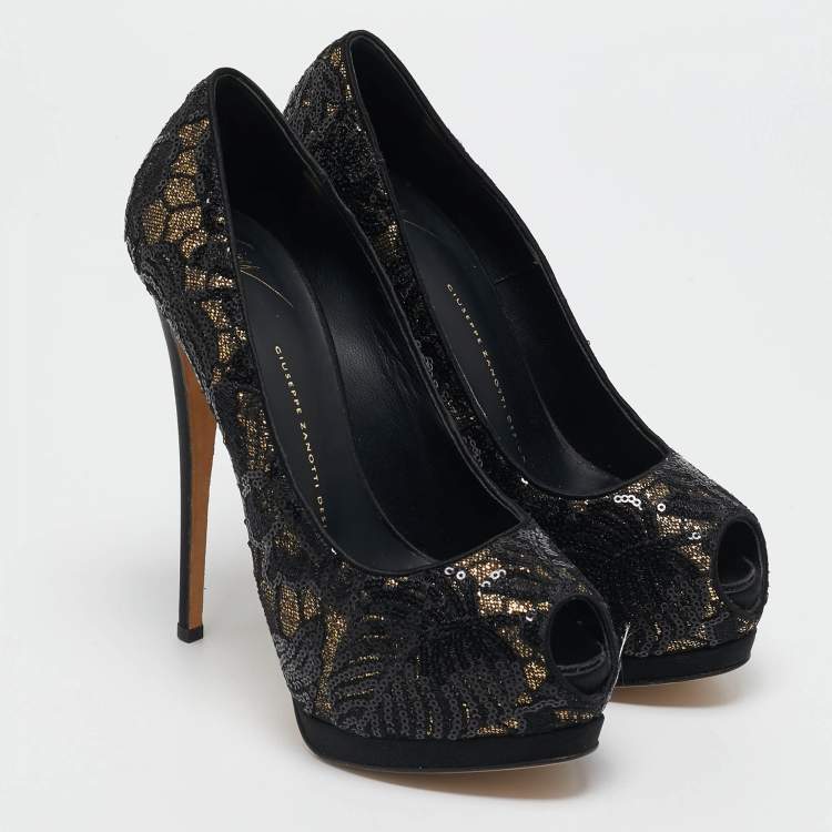 Pre Owned Giuseppe Zanotti Black Glitter and Sequins Peep Toe Pumps Size 39.5