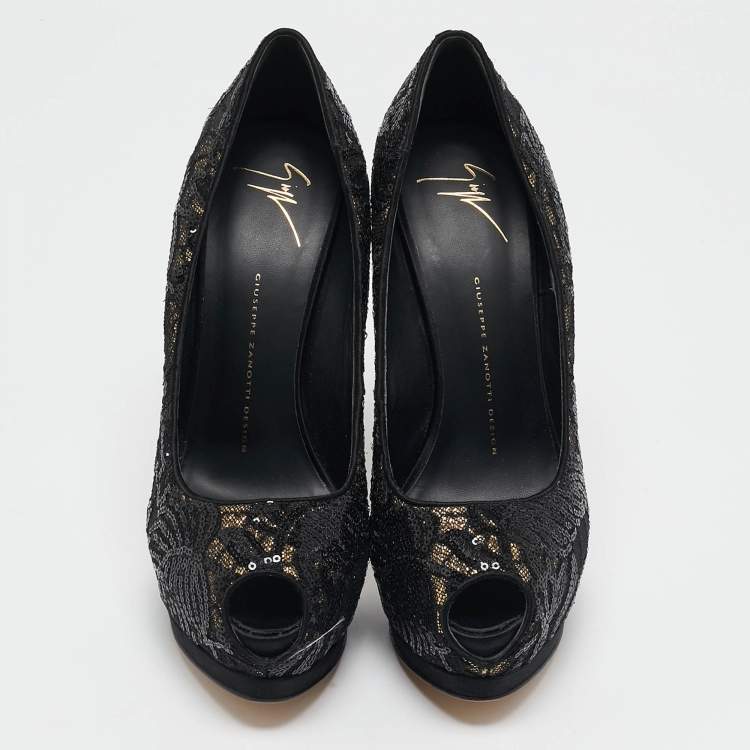 Pre Owned Giuseppe Zanotti Black Glitter and Sequins Peep Toe Pumps Size 39.5