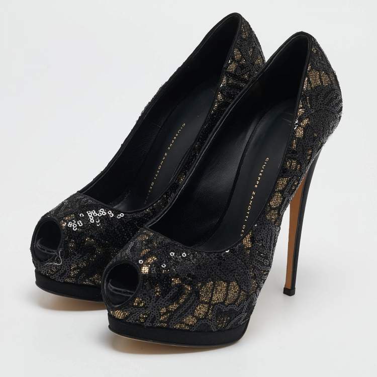 Pre Owned Giuseppe Zanotti Black Glitter and Sequins Peep Toe Pumps Size 39.5