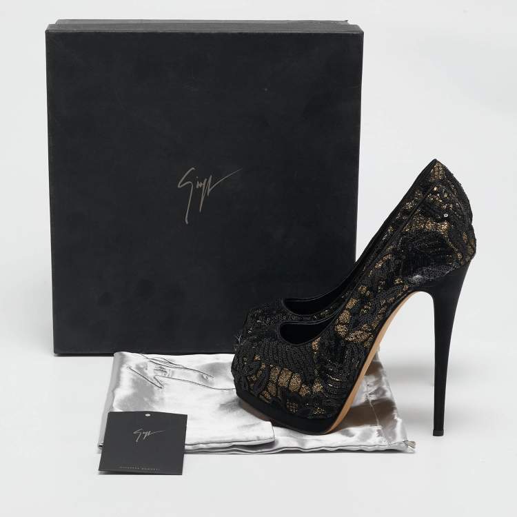 Pre Owned Giuseppe Zanotti Black Glitter and Sequins Peep Toe Pumps Size 39.5