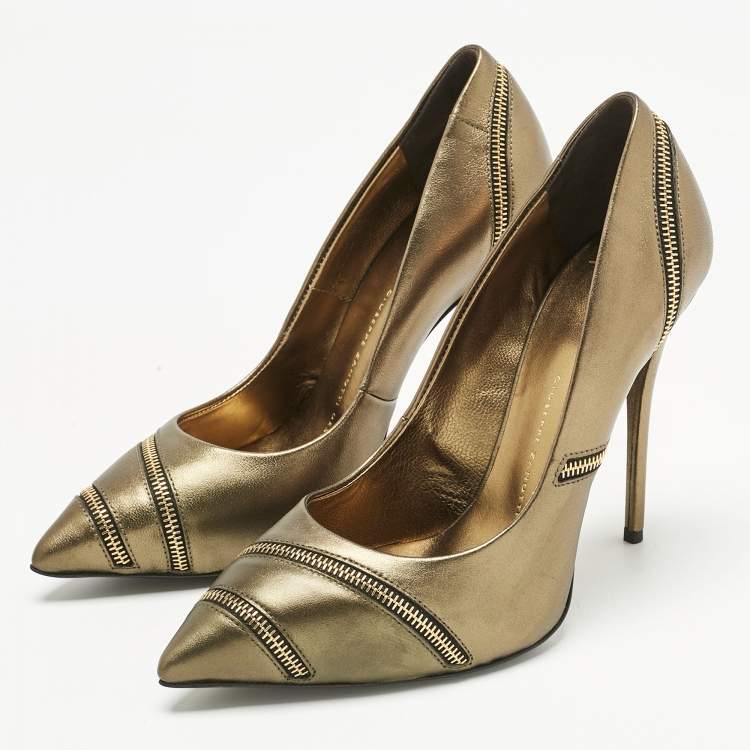 Pre Owned Giuseppe Zanotti Bronze Metallic Leather Zipper Accent Pumps Size 37