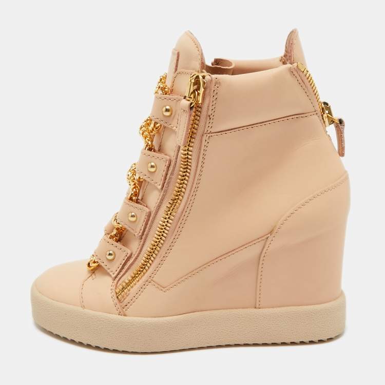 Pre Owned Giuseppe Zanotti Beige Leather Royce Chain Wedge Sneakers Size 39