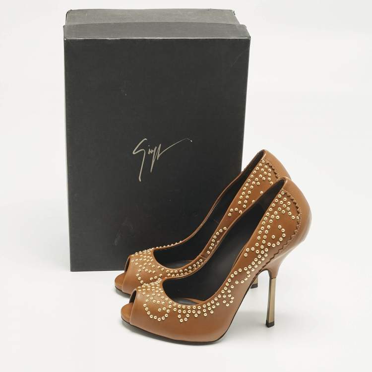 Pre Owned Giuseppe Zanotti Brown Leather Studded Peep Toe Pumps Size 38