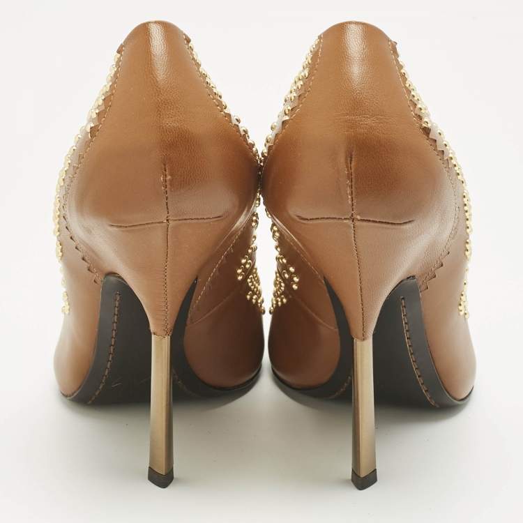 Pre Owned Giuseppe Zanotti Brown Leather Studded Peep Toe Pumps Size 38