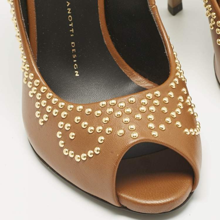 Pre Owned Giuseppe Zanotti Brown Leather Studded Peep Toe Pumps Size 38
