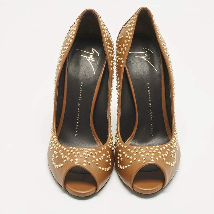 Pre Owned Giuseppe Zanotti Brown Leather Studded Peep Toe Pumps Size 38