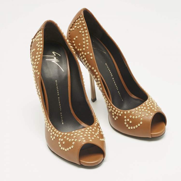Pre Owned Giuseppe Zanotti Brown Leather Studded Peep Toe Pumps Size 38