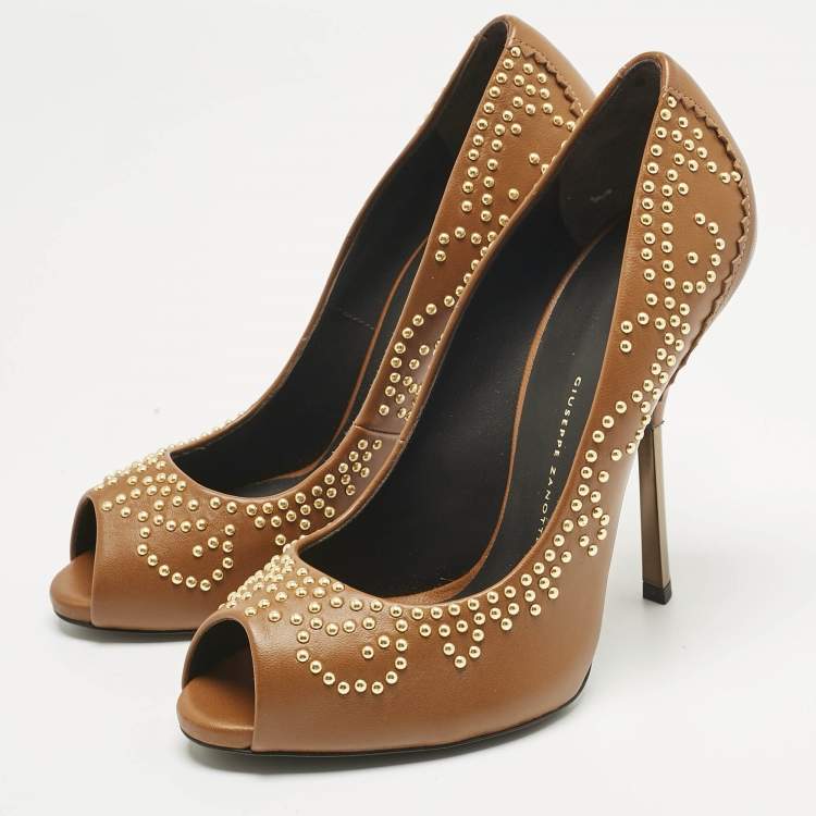 Pre Owned Giuseppe Zanotti Brown Leather Studded Peep Toe Pumps Size 38