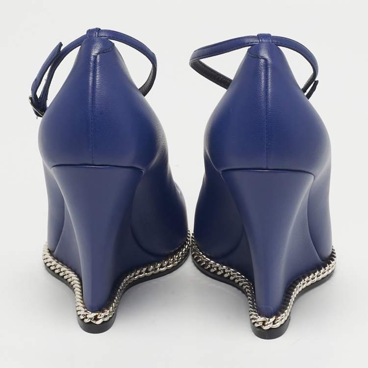 Pre Owned Giuseppe Zanotti Blue Leather Yvette Chain Wedge Pumps Size 37.5
