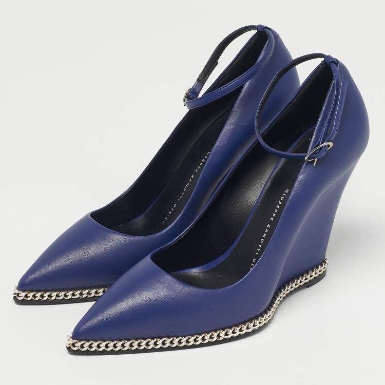 Pre Owned Giuseppe Zanotti Blue Leather Yvette Chain Wedge Pumps Size 37.5