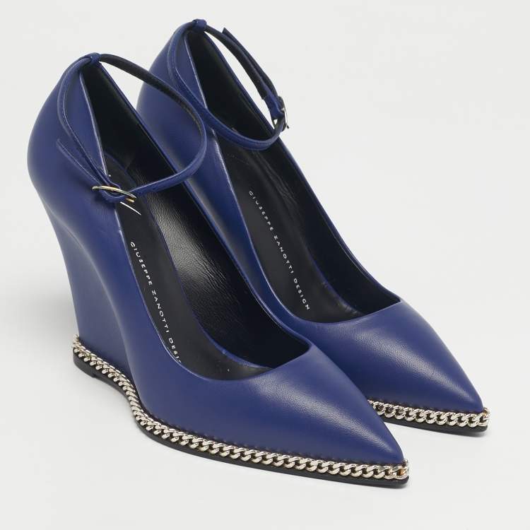 Pre Owned Giuseppe Zanotti Blue Leather Yvette Chain Wedge Pumps Size 37.5