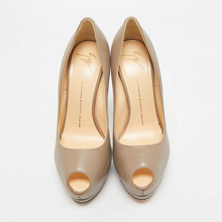 Pre Owned Giuseppe Zanotti Dark Beige Leather Peep Toe Platform Pumps Size 39.5