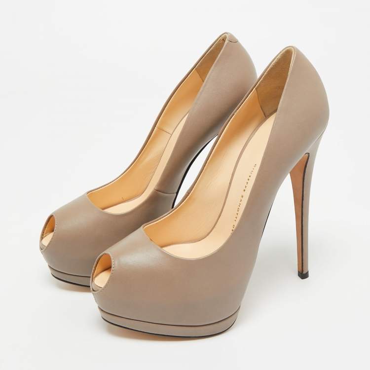 Pre Owned Giuseppe Zanotti Dark Beige Leather Peep Toe Platform Pumps Size 39.5