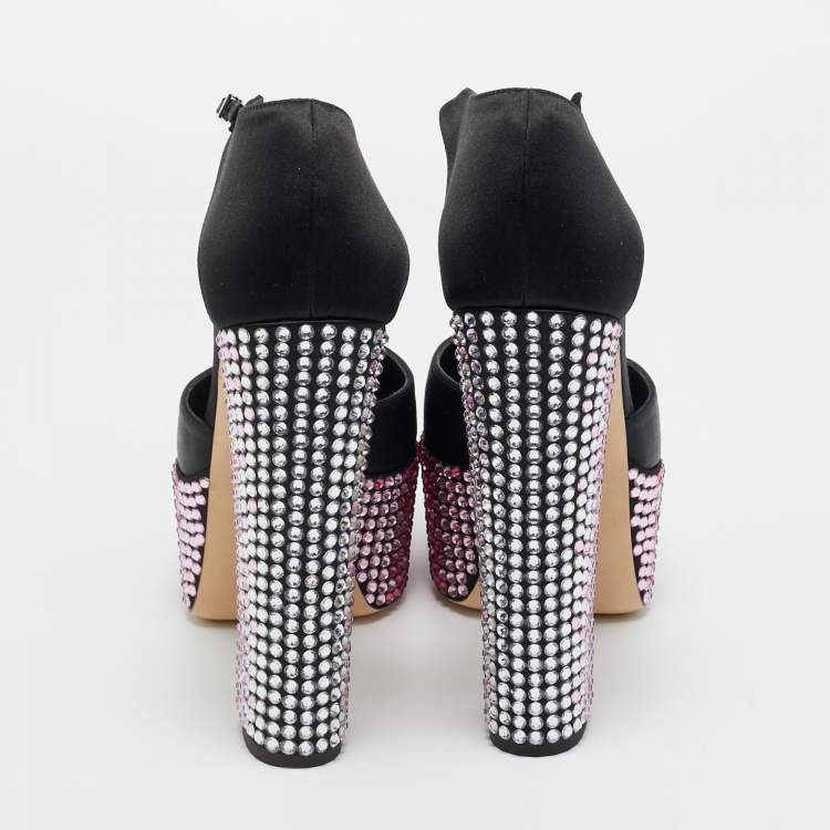 Pre Owned Giuseppe Zanotti Black Satin Crystal Embellished Platform Sandals 40