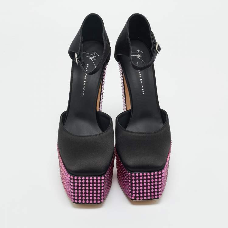 Pre Owned Giuseppe Zanotti Black Satin Crystal Embellished Platform Sandals 40