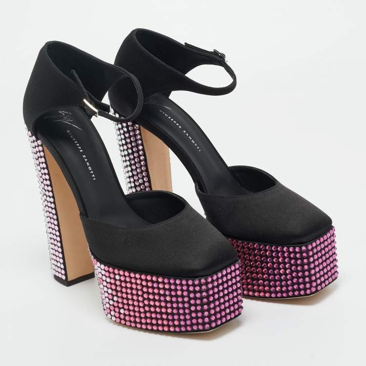 Pre Owned Giuseppe Zanotti Black Satin Crystal Embellished Platform Sandals 40