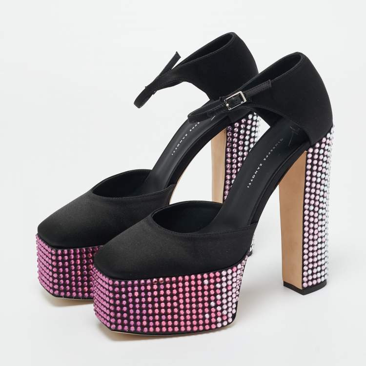 Pre Owned Giuseppe Zanotti Black Satin Crystal Embellished Platform Sandals 40