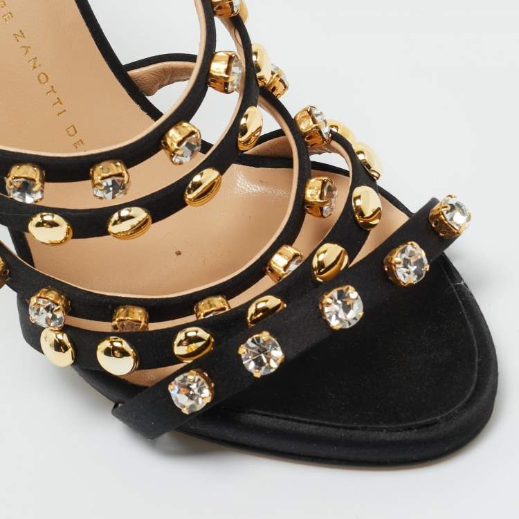 Pre Owned Giuseppe Zanotti Black Satin Camilla Crystal Slide Sandals Size 38.5