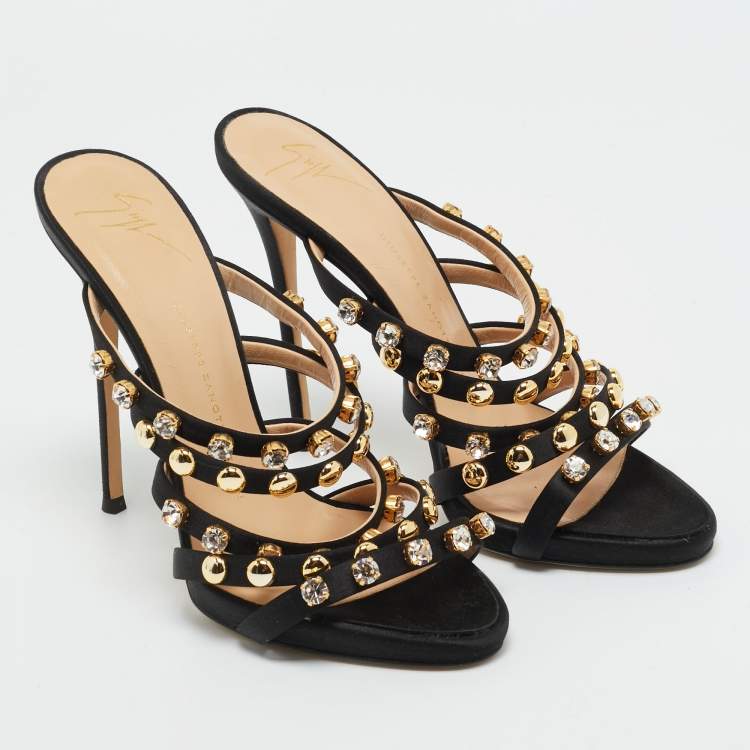Pre Owned Giuseppe Zanotti Black Satin Camilla Crystal Slide Sandals Size 38.5