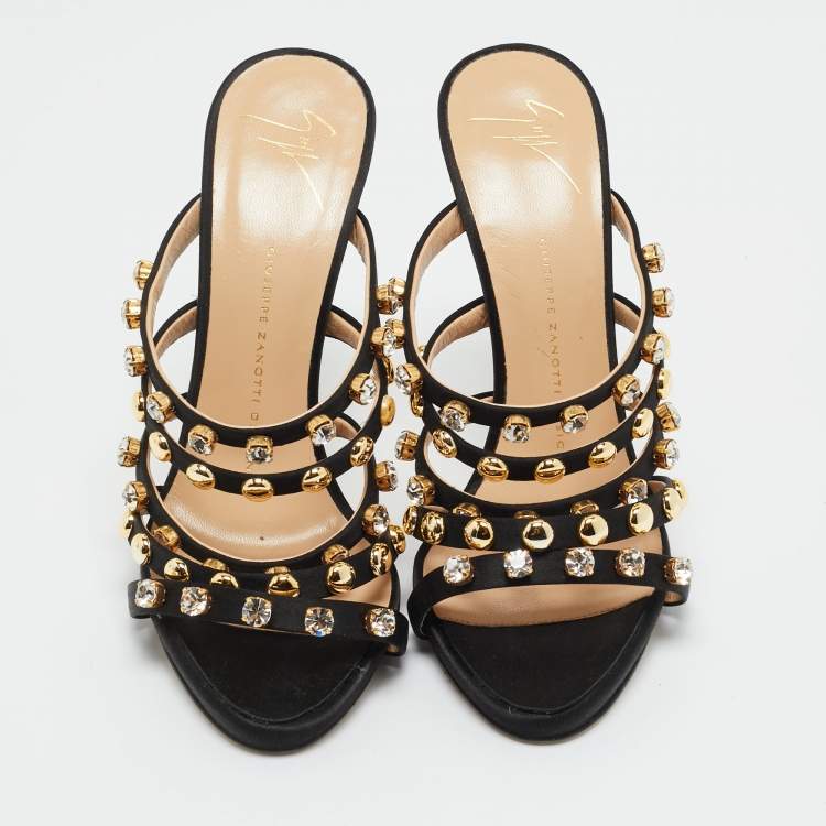 Pre Owned Giuseppe Zanotti Black Satin Camilla Crystal Slide Sandals Size 38.5