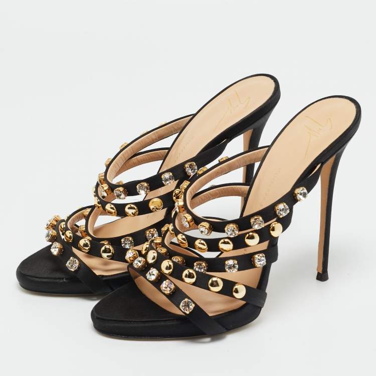 Pre Owned Giuseppe Zanotti Black Satin Camilla Crystal Slide Sandals Size 38.5