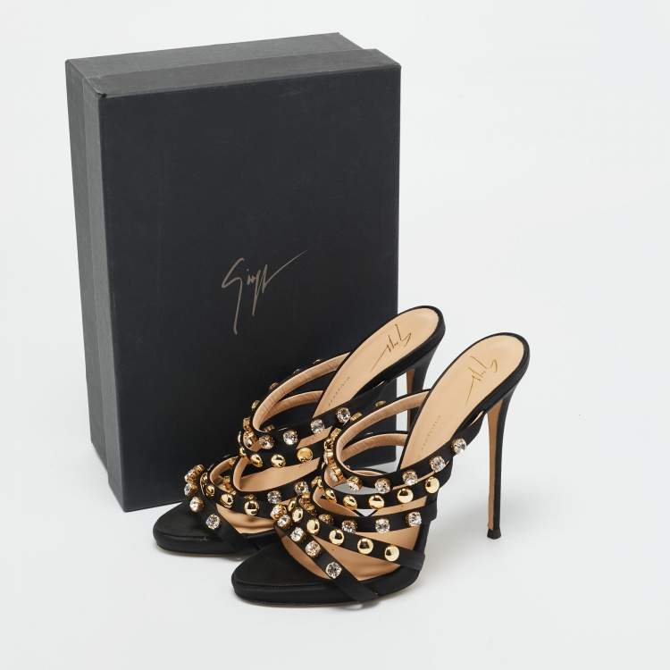 Pre Owned Giuseppe Zanotti Black Satin Camilla Crystal Slide Sandals Size 38.5