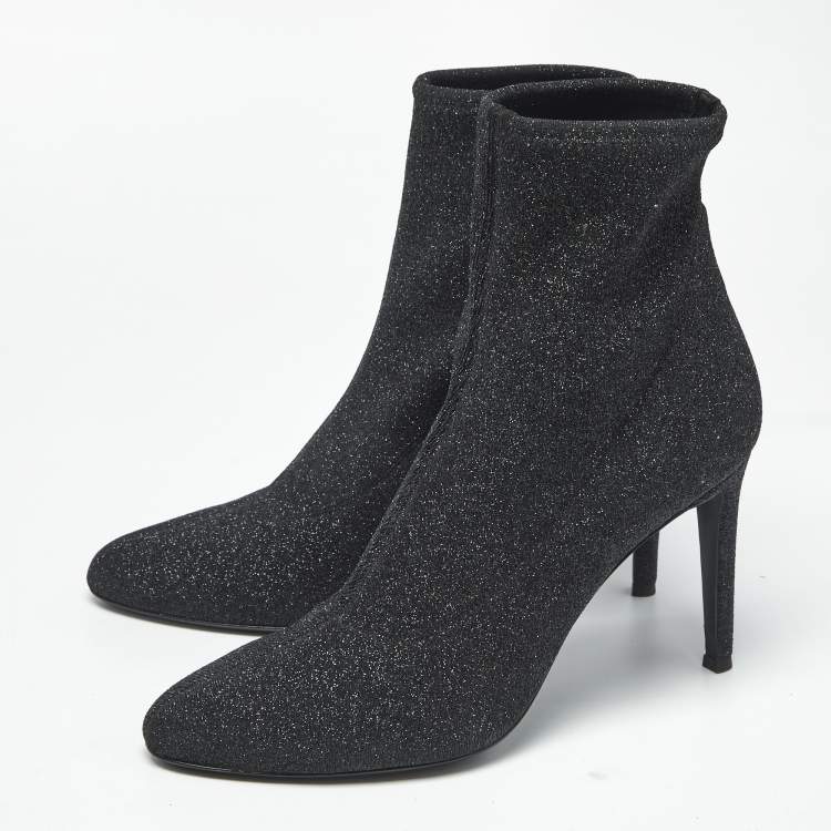 Pre Owned Giuseppe Zanotti Black Glitter Knit Fabric Ankle Boots Size 41