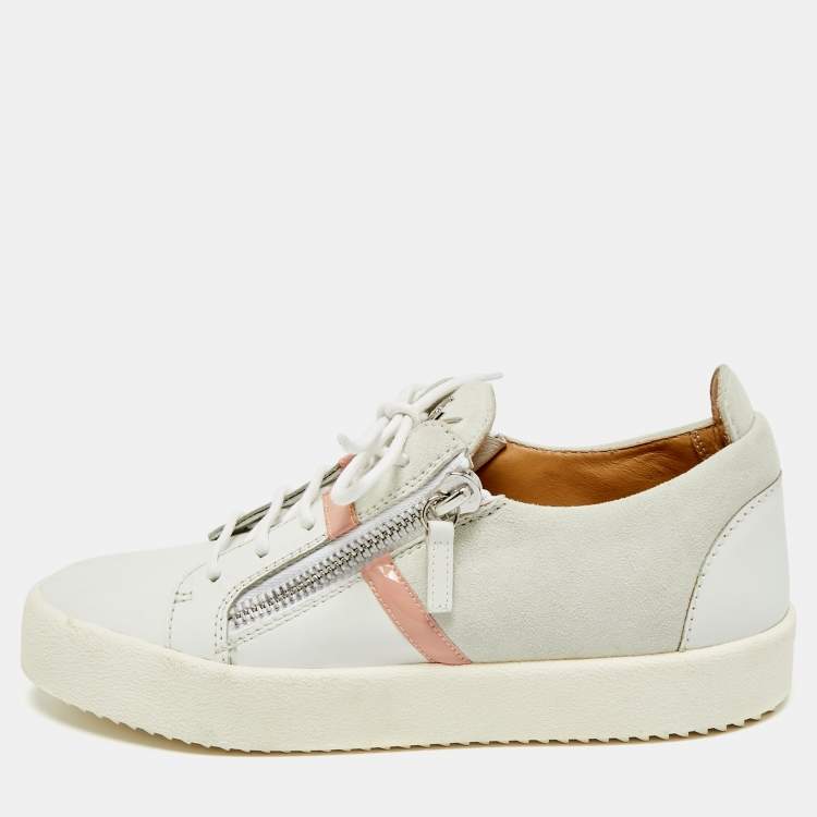 مملوكة مسبقًا Giuseppe Zanotti Frankie Size 40 White/Grey Leather and Suede Lace Up Sneakers