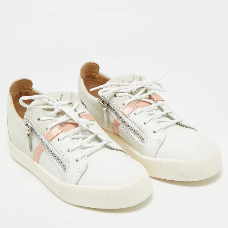 مملوكة مسبقًا Giuseppe Zanotti Frankie Size 40 White/Grey Leather and Suede Lace Up Sneakers