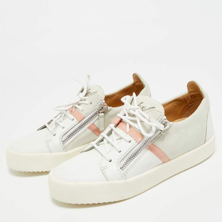 مملوكة مسبقًا Giuseppe Zanotti Frankie Size 40 White/Grey Leather and Suede Lace Up Sneakers