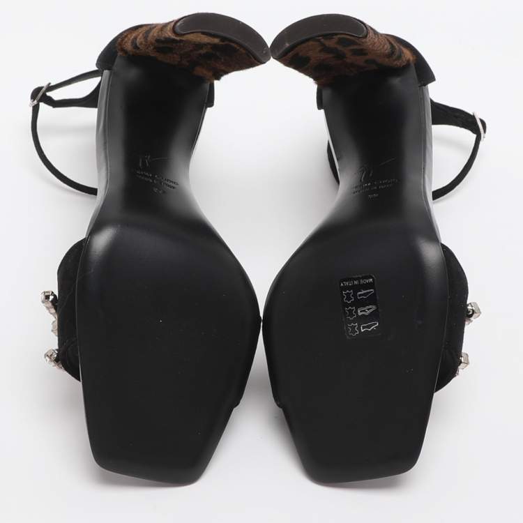 Pre Owned Giuseppe Zanotti Crystal Embellished Size 39 Black Suede Ankle Strap Sandals