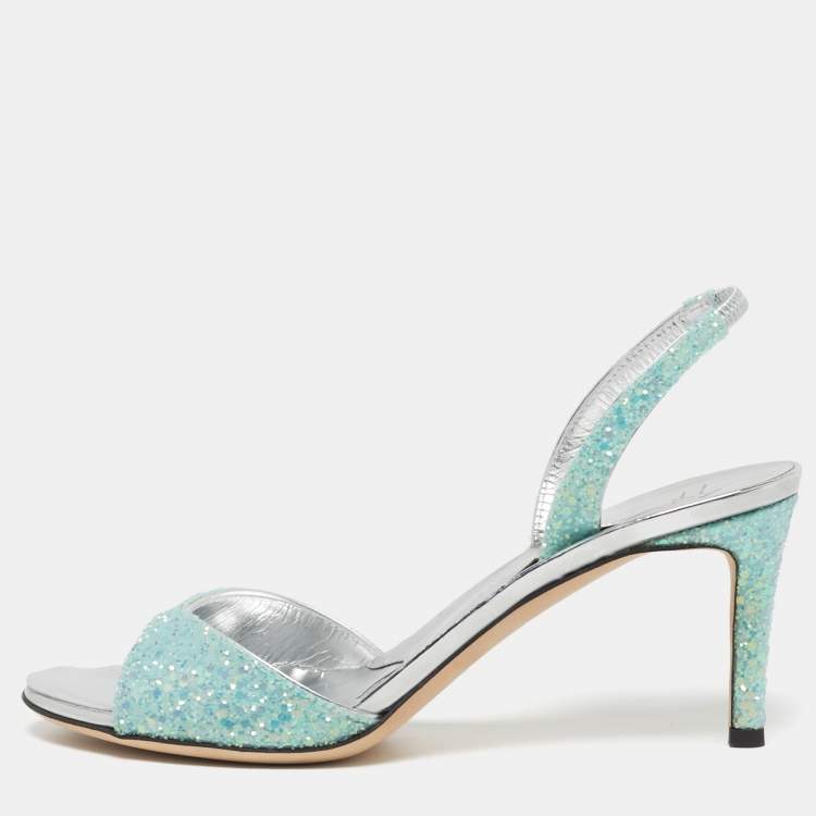 Pre Owned Giuseppe Zanotti Lilibeth Size 37 Aqua Blue Glitter Slingback Sandals