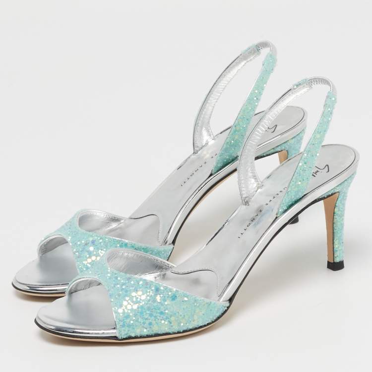 Pre Owned Giuseppe Zanotti Lilibeth Size 37 Aqua Blue Glitter Slingback Sandals