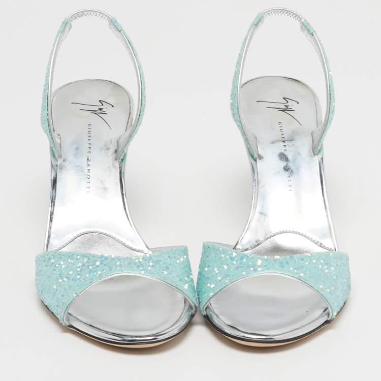 Pre Owned Giuseppe Zanotti Lilibeth Size 37 Aqua Blue Glitter Slingback Sandals