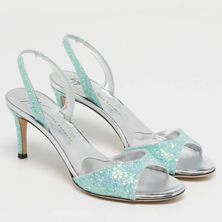 Pre Owned Giuseppe Zanotti Lilibeth Size 37 Aqua Blue Glitter Slingback Sandals