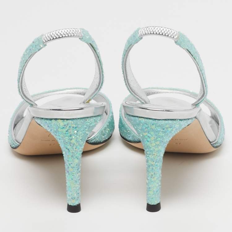 Pre Owned Giuseppe Zanotti Lilibeth Size 37 Aqua Blue Glitter Slingback Sandals